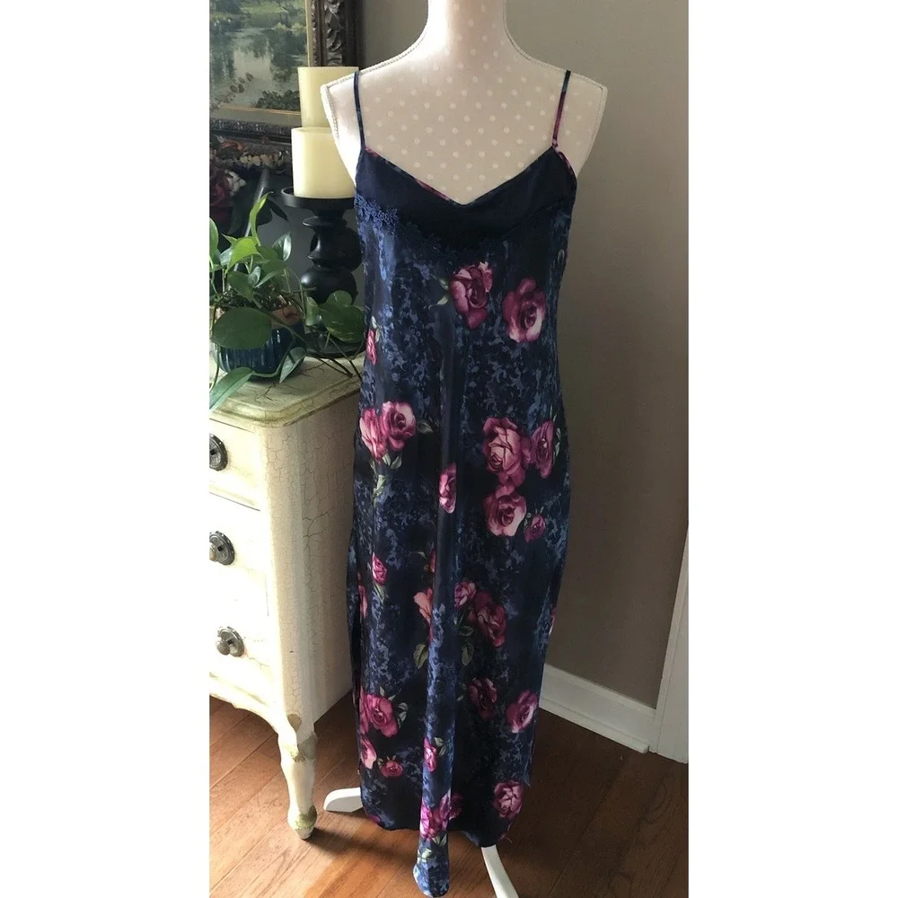 VTG 90's Secret Treasures Satin Nightgown Slip Dress Navy Floral Lace Slit Large